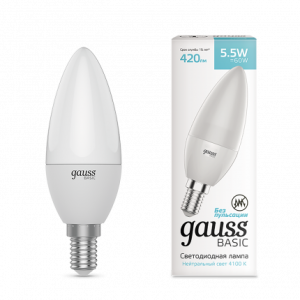 Лампа Gauss Basic Свеча 5.5W 410lm 4000K E14 LED 1/10/100